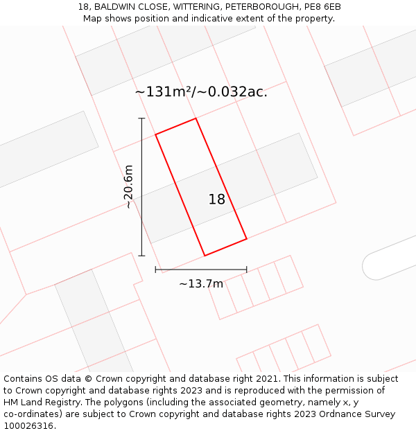18, BALDWIN CLOSE, WITTERING, PETERBOROUGH, PE8 6EB: Plot and title map