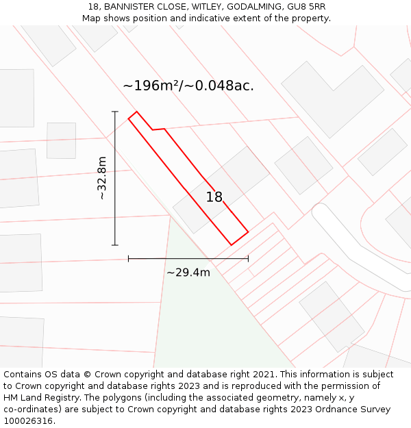 18, BANNISTER CLOSE, WITLEY, GODALMING, GU8 5RR: Plot and title map