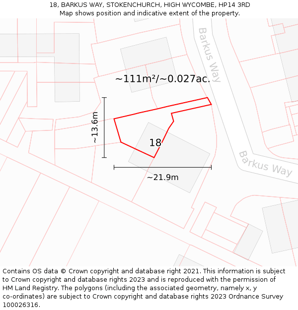 18, BARKUS WAY, STOKENCHURCH, HIGH WYCOMBE, HP14 3RD: Plot and title map