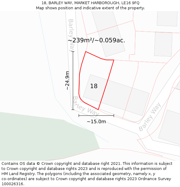 18, BARLEY WAY, MARKET HARBOROUGH, LE16 9FQ: Plot and title map