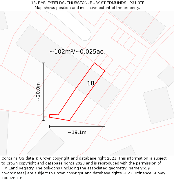 18, BARLEYFIELDS, THURSTON, BURY ST EDMUNDS, IP31 3TF: Plot and title map