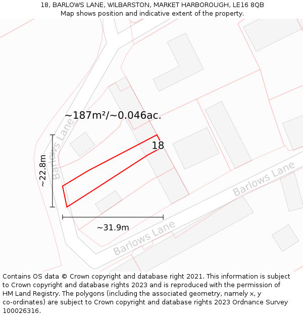 18, BARLOWS LANE, WILBARSTON, MARKET HARBOROUGH, LE16 8QB: Plot and title map