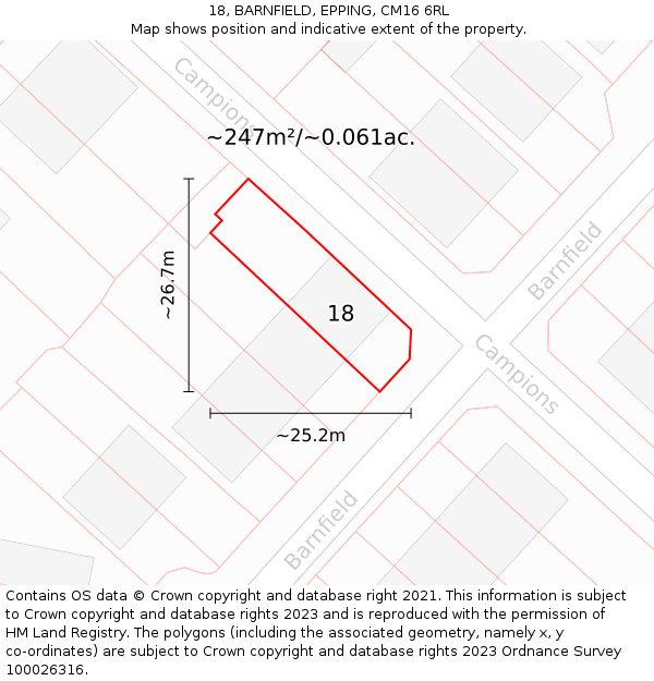 18, BARNFIELD, EPPING, CM16 6RL: Plot and title map