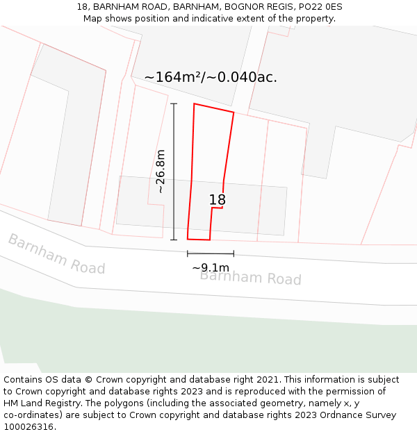 18, BARNHAM ROAD, BARNHAM, BOGNOR REGIS, PO22 0ES: Plot and title map
