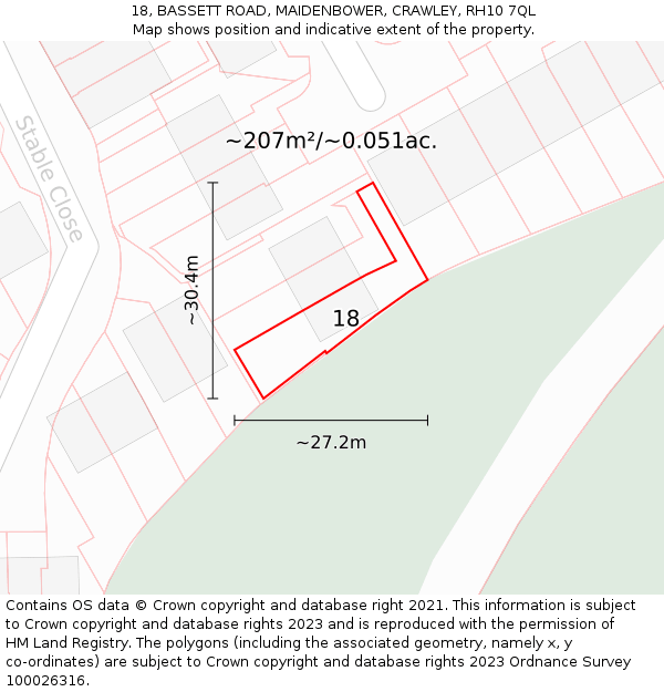 18, BASSETT ROAD, MAIDENBOWER, CRAWLEY, RH10 7QL: Plot and title map