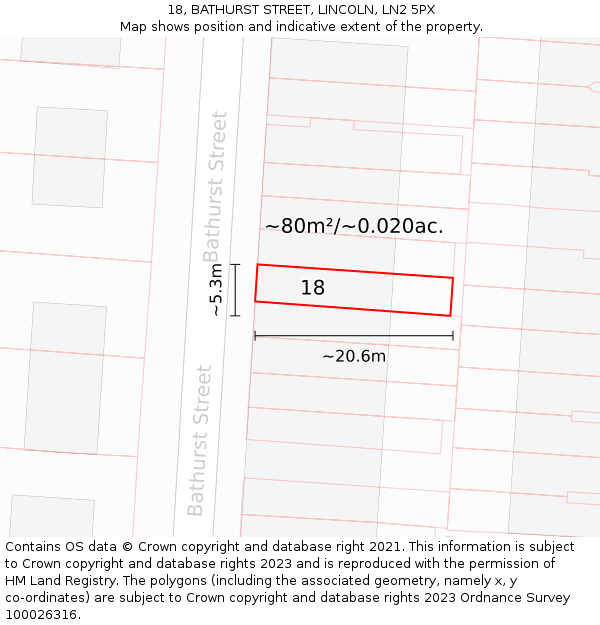 18, BATHURST STREET, LINCOLN, LN2 5PX: Plot and title map