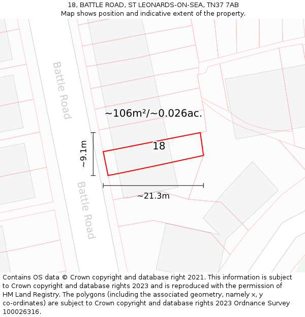 18, BATTLE ROAD, ST LEONARDS-ON-SEA, TN37 7AB: Plot and title map