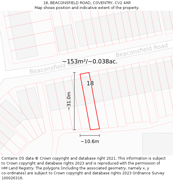 18, BEACONSFIELD ROAD, COVENTRY, CV2 4AR: Plot and title map
