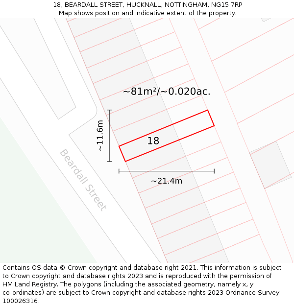 18, BEARDALL STREET, HUCKNALL, NOTTINGHAM, NG15 7RP: Plot and title map