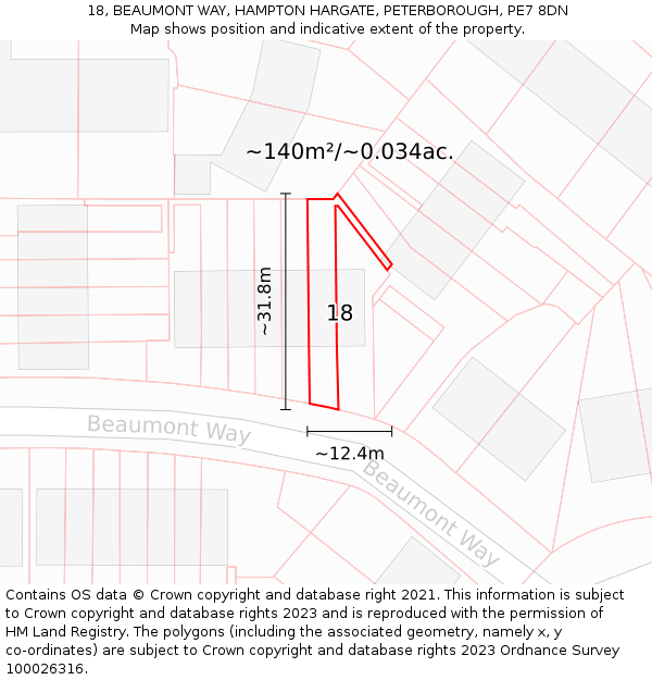 18, BEAUMONT WAY, HAMPTON HARGATE, PETERBOROUGH, PE7 8DN: Plot and title map