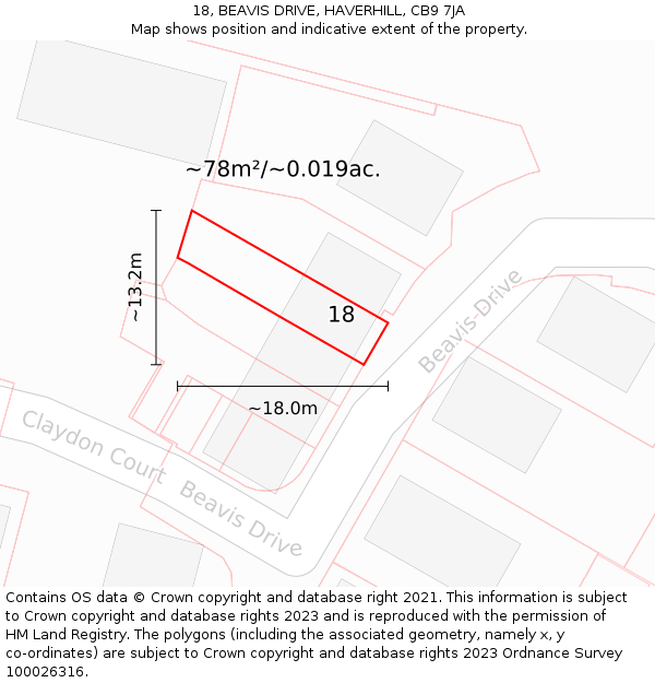 18, BEAVIS DRIVE, HAVERHILL, CB9 7JA: Plot and title map