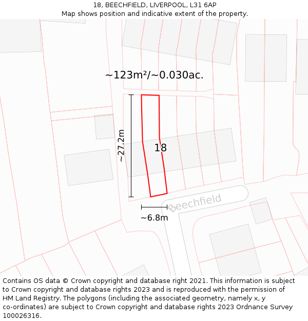 18, BEECHFIELD, LIVERPOOL, L31 6AP: Plot and title map
