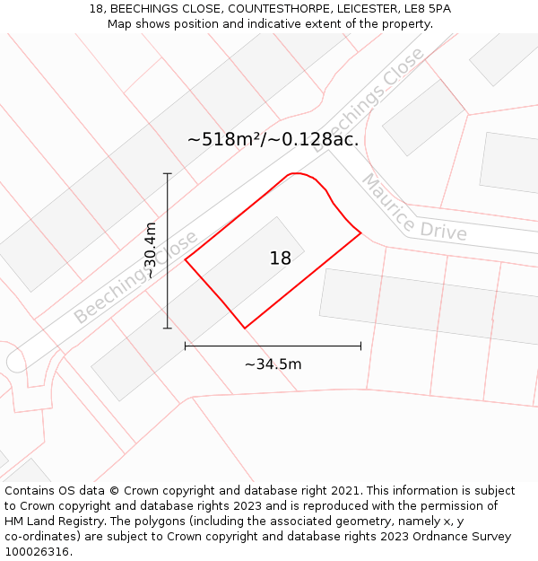 18, BEECHINGS CLOSE, COUNTESTHORPE, LEICESTER, LE8 5PA: Plot and title map