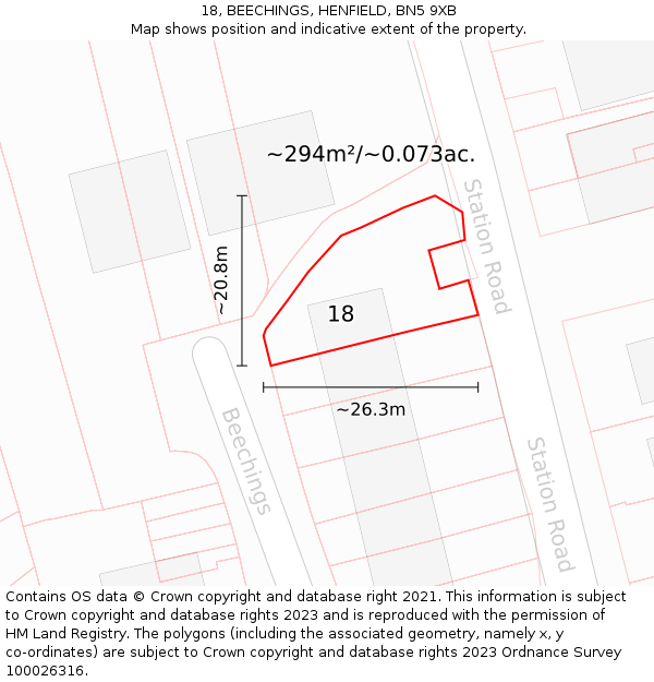 18, BEECHINGS, HENFIELD, BN5 9XB: Plot and title map