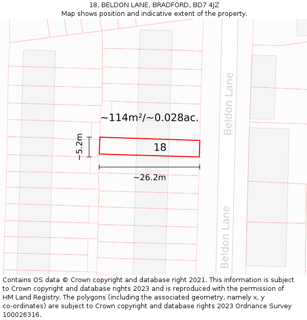 18, BELDON LANE, BRADFORD, BD7 4JZ: Plot and title map