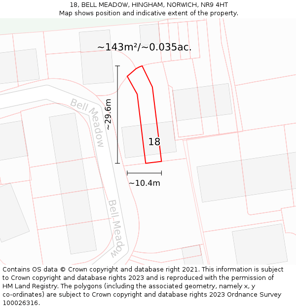 18, BELL MEADOW, HINGHAM, NORWICH, NR9 4HT: Plot and title map