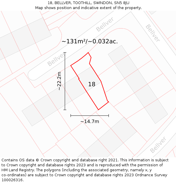 18, BELLVER, TOOTHILL, SWINDON, SN5 8JU: Plot and title map