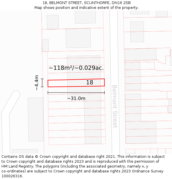 18, BELMONT STREET, SCUNTHORPE, DN16 2SB: Plot and title map