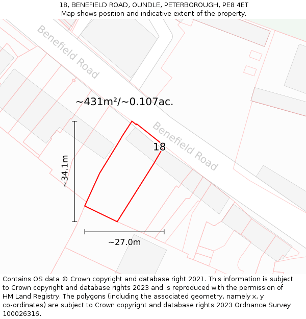 18, BENEFIELD ROAD, OUNDLE, PETERBOROUGH, PE8 4ET: Plot and title map