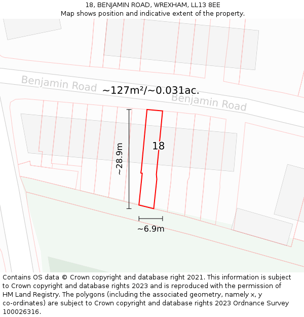 18, BENJAMIN ROAD, WREXHAM, LL13 8EE: Plot and title map
