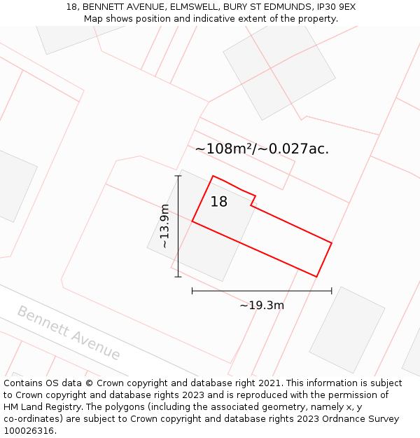 18, BENNETT AVENUE, ELMSWELL, BURY ST EDMUNDS, IP30 9EX: Plot and title map