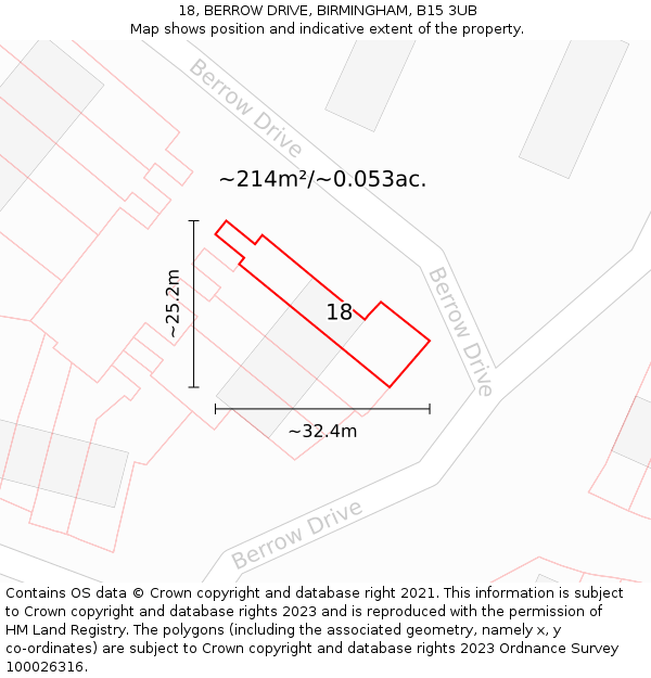 18, BERROW DRIVE, BIRMINGHAM, B15 3UB: Plot and title map
