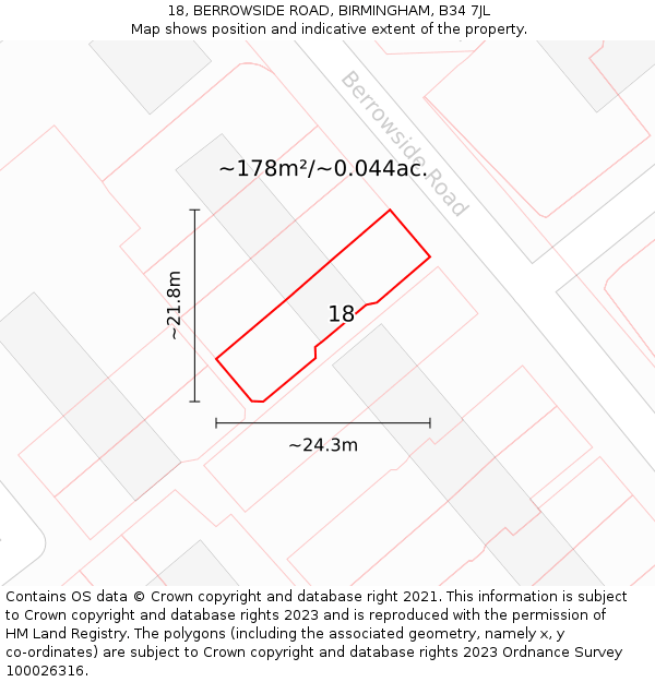 18, BERROWSIDE ROAD, BIRMINGHAM, B34 7JL: Plot and title map