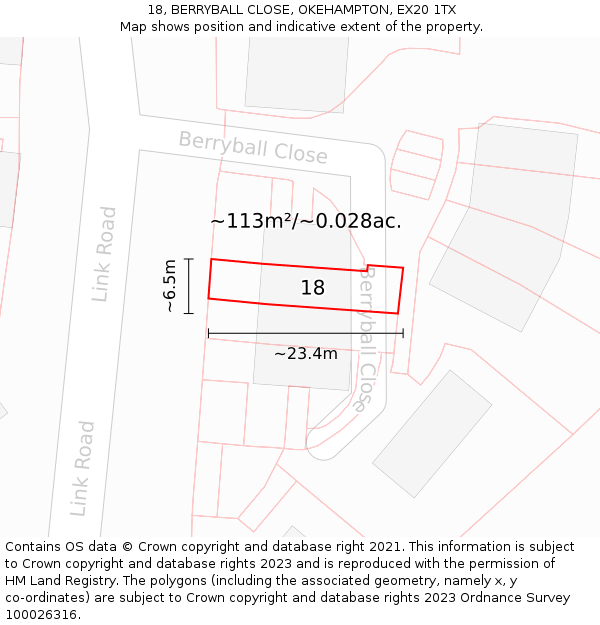 18, BERRYBALL CLOSE, OKEHAMPTON, EX20 1TX: Plot and title map