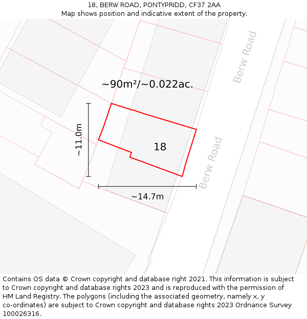 18, BERW ROAD, PONTYPRIDD, CF37 2AA: Plot and title map