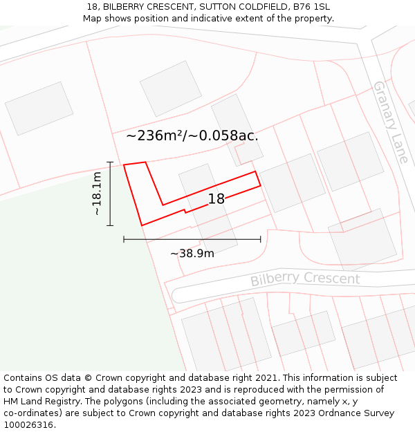 18, BILBERRY CRESCENT, SUTTON COLDFIELD, B76 1SL: Plot and title map