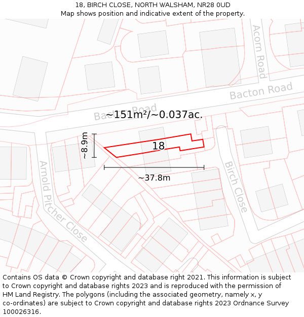 18, BIRCH CLOSE, NORTH WALSHAM, NR28 0UD: Plot and title map