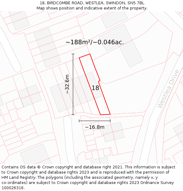 18, BIRDCOMBE ROAD, WESTLEA, SWINDON, SN5 7BL: Plot and title map