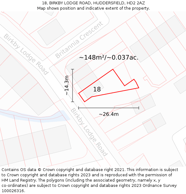 18, BIRKBY LODGE ROAD, HUDDERSFIELD, HD2 2AZ: Plot and title map