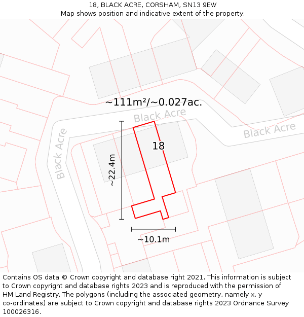 18, BLACK ACRE, CORSHAM, SN13 9EW: Plot and title map