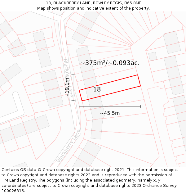 18, BLACKBERRY LANE, ROWLEY REGIS, B65 8NF: Plot and title map