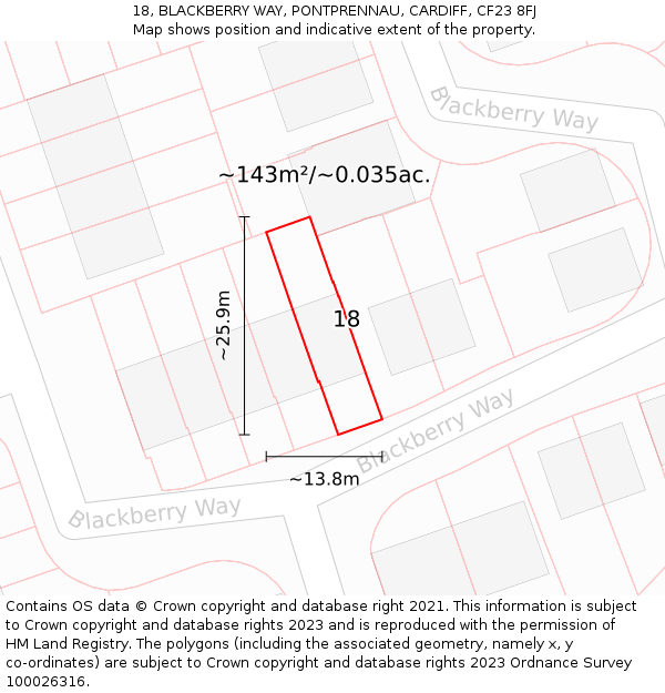 18, BLACKBERRY WAY, PONTPRENNAU, CARDIFF, CF23 8FJ: Plot and title map