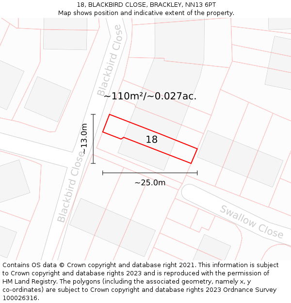 18, BLACKBIRD CLOSE, BRACKLEY, NN13 6PT: Plot and title map
