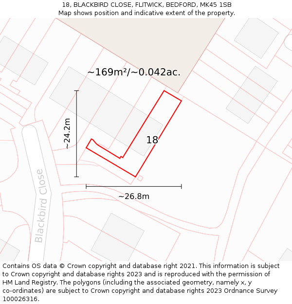 18, BLACKBIRD CLOSE, FLITWICK, BEDFORD, MK45 1SB: Plot and title map