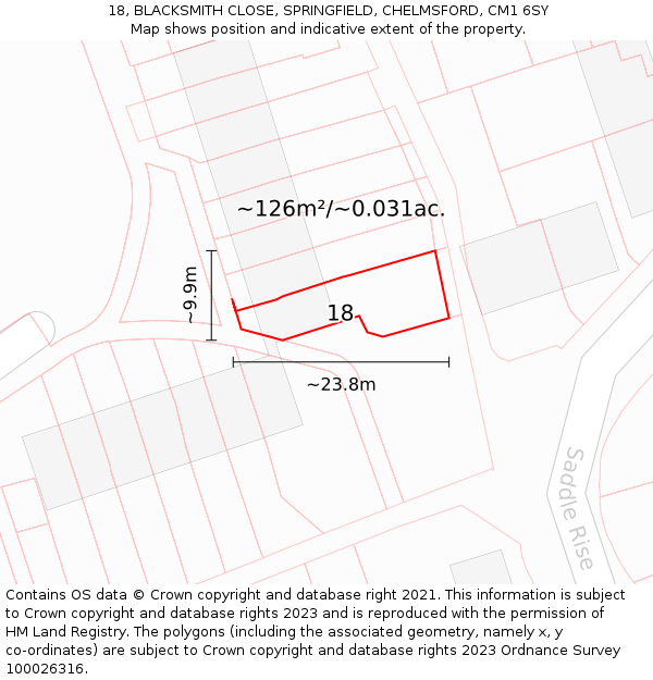 18, BLACKSMITH CLOSE, SPRINGFIELD, CHELMSFORD, CM1 6SY: Plot and title map