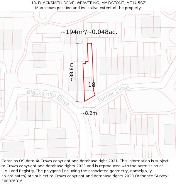 18, BLACKSMITH DRIVE, WEAVERING, MAIDSTONE, ME14 5SZ: Plot and title map