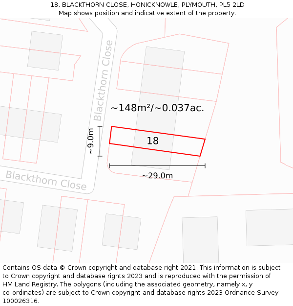 18, BLACKTHORN CLOSE, HONICKNOWLE, PLYMOUTH, PL5 2LD: Plot and title map