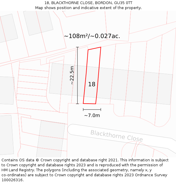 18, BLACKTHORNE CLOSE, BORDON, GU35 0TT: Plot and title map