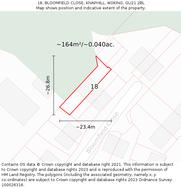18, BLOOMFIELD CLOSE, KNAPHILL, WOKING, GU21 2BL: Plot and title map