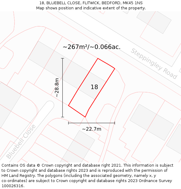 18, BLUEBELL CLOSE, FLITWICK, BEDFORD, MK45 1NS: Plot and title map