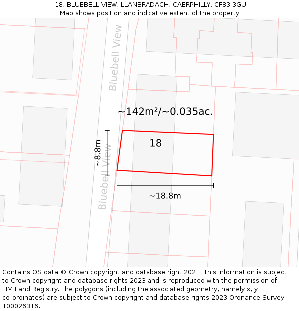 18, BLUEBELL VIEW, LLANBRADACH, CAERPHILLY, CF83 3GU: Plot and title map