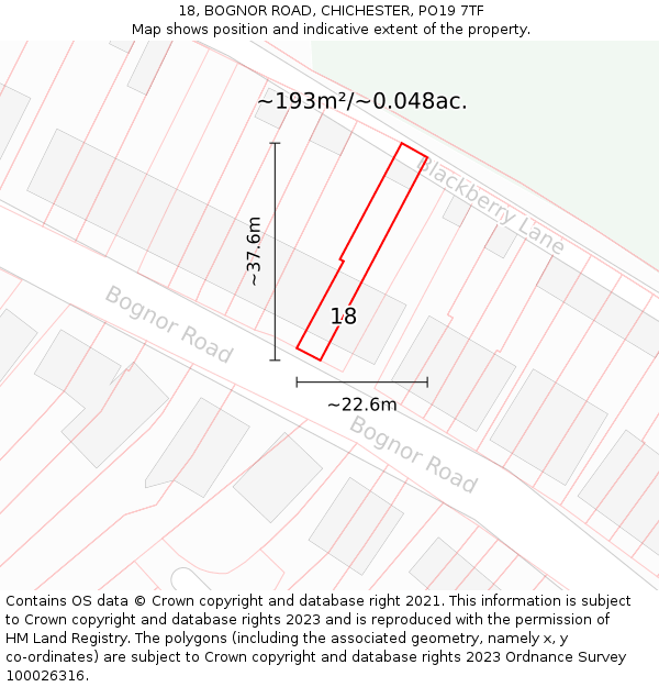 18, BOGNOR ROAD, CHICHESTER, PO19 7TF: Plot and title map
