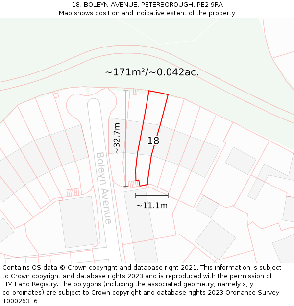18, BOLEYN AVENUE, PETERBOROUGH, PE2 9RA: Plot and title map