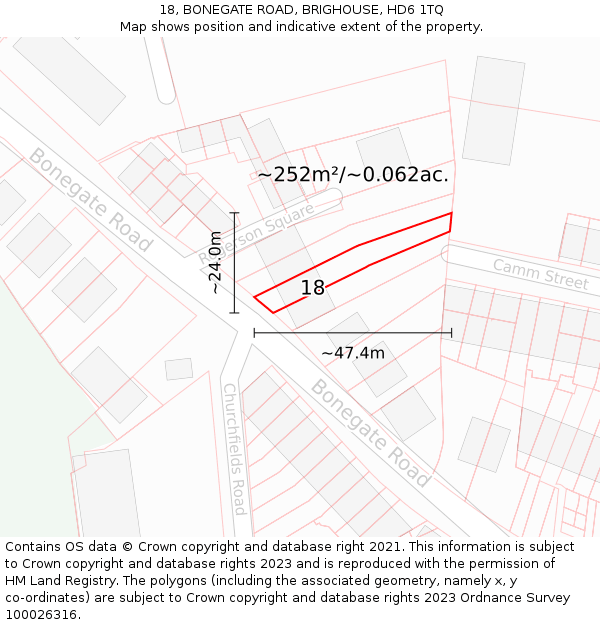 18, BONEGATE ROAD, BRIGHOUSE, HD6 1TQ: Plot and title map
