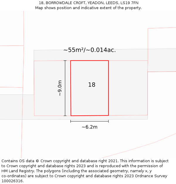 18, BORROWDALE CROFT, YEADON, LEEDS, LS19 7FN: Plot and title map