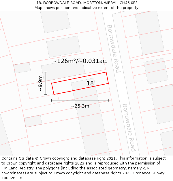 18, BORROWDALE ROAD, MORETON, WIRRAL, CH46 0RF: Plot and title map